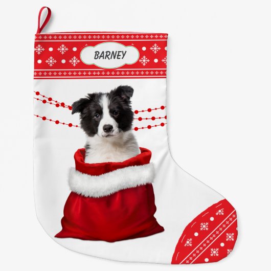 Gift Bag Border Collie Puppy Snowflake Border Grote Kerstsok (Voorkant)