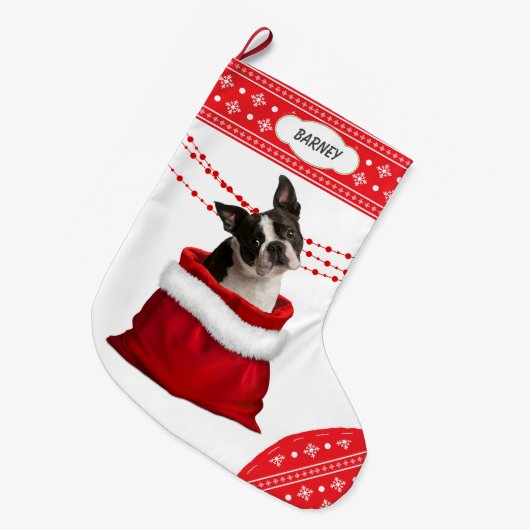 Gift Bag Cute Boston Terrier Dog Snowflake Border Grote Kerstsok (Voorkant (Hangend))