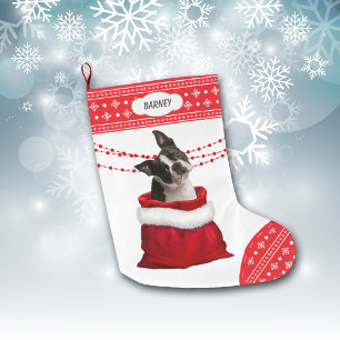 Gift Bag Cute Boston Terrier Dog Snowflake Border Grote Kerstsok