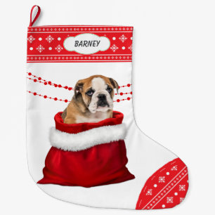 Gift Bag Cute Bulldog Puppy Snowflake Border Grote Kerstsok