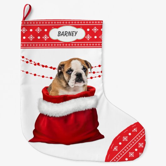 Gift Bag Cute Bulldog Puppy Snowflake Border Grote Kerstsok (Voorkant)