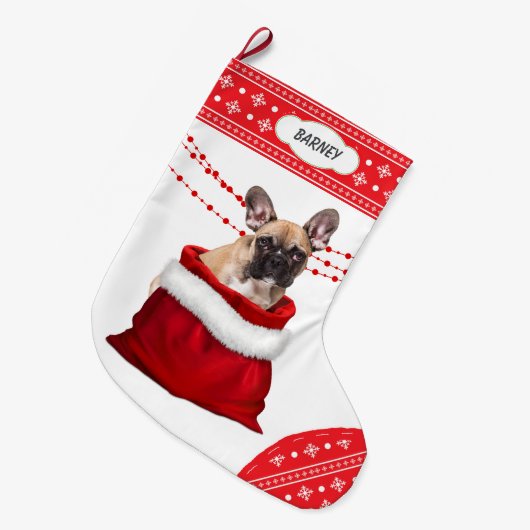 Gift Bag Cute French Bulldog Snowflake Border Grote Kerstsok (Voorkant (Hangend))