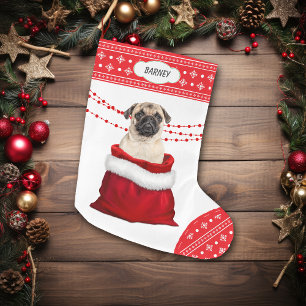Gift Bag Cute Pug Dog Snowflake Border Grote Kerstsok