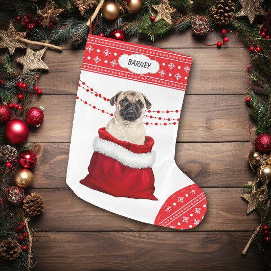 Gift Bag Cute Pug Dog Snowflake Border Grote Kerstsok