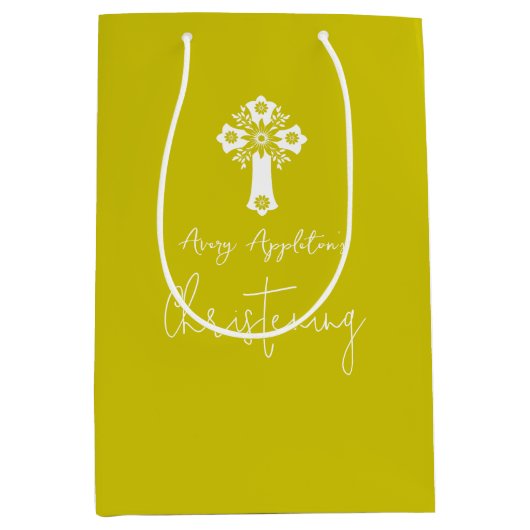 Gift Bag Floral Cross Christening Fern Yellow Medium Cadeauzakje (Voorkant)