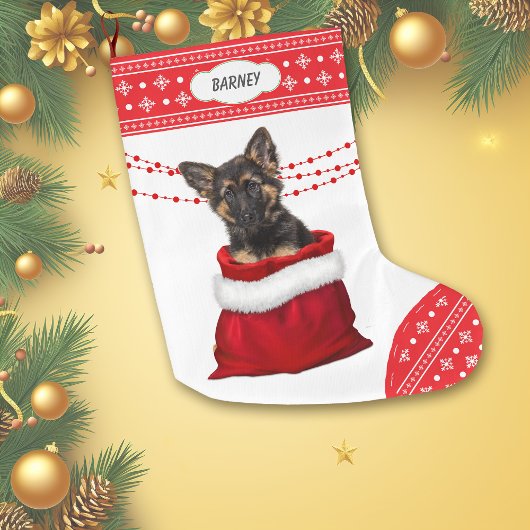 Gift Bag German Shepherd Puppy Snowflake Border Grote Kerstsok