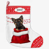 Gift Bag German Shepherd Puppy Snowflake Border Grote Kerstsok (Voorkant)