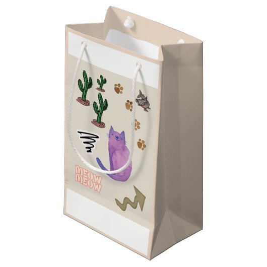 Gift Bag Happy Cat Fish Cactus Meow Paws Klein Cadeauzakje (Voorkant Gekanteld)