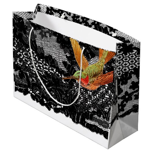 Gift Bag HUMMINGBIRD EN ZWARTE LACE Groot Cadeauzakje (Achterkant Gekanteld)