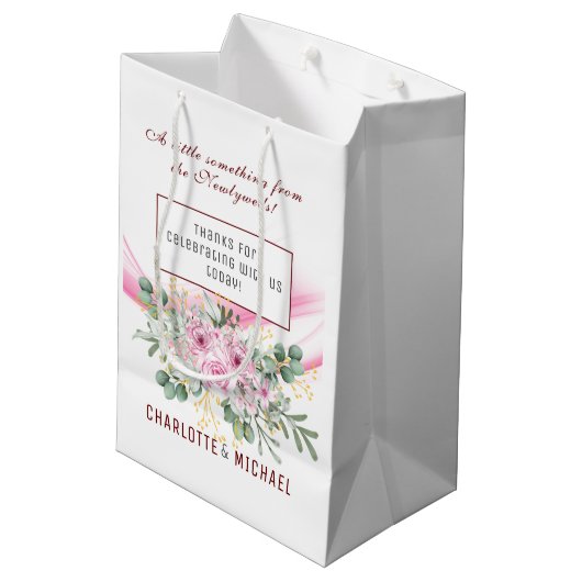 Gift Bag met roze golf en Floral Wedding Medium Cadeauzakje (Achterkant Gekanteld)