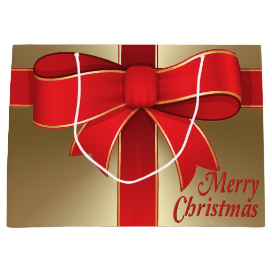 Gift Bag - Red Bow en lint op goud Large Cadeautasje (Voorkant)