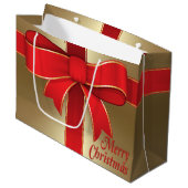 Gift Bag - Red Bow en lint op goud Large Cadeautasje (Voorkant Gekanteld)