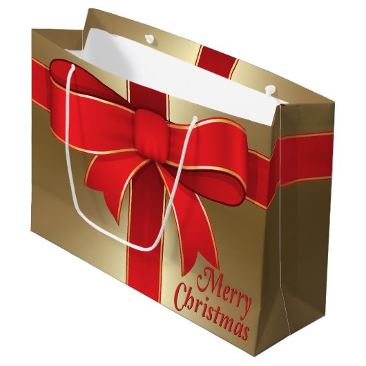 Gift Bag - Red Bow en lint op goud Large Cadeautasje (Voorkant Gekanteld)