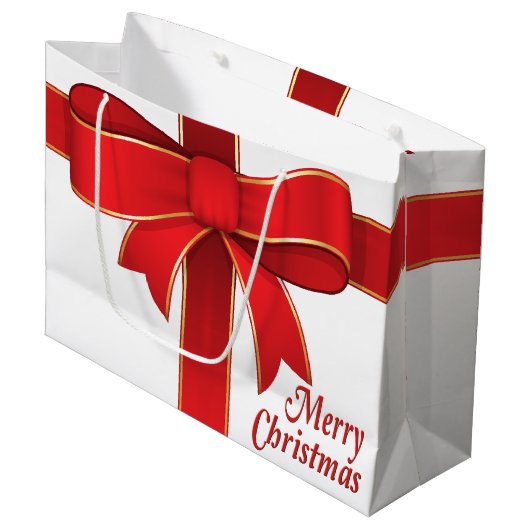 Gift Bag - Red Bow & Ribbon op wit Large Cadeautasje (Voorkant Gekanteld)