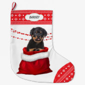 Gift Bag Rottweiler Puppy Dog Snowflake Border Grote Kerstsok (Voorkant)