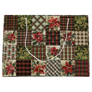 Gift Bag Rustic Christmas Plaid Patchwork Rood Groot Cadeauzakje