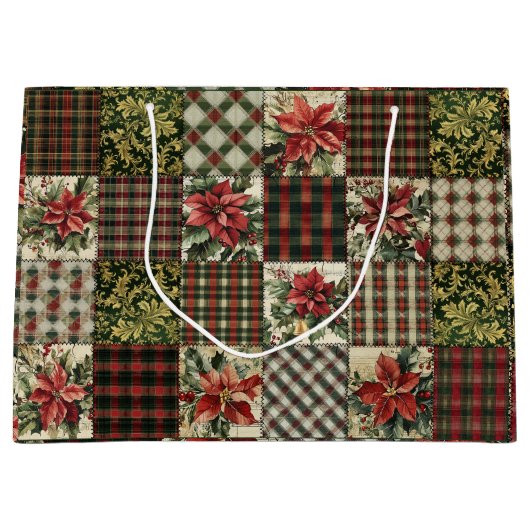 Gift Bag Rustic Christmas Plaid Patchwork Rood Groot Cadeauzakje (Voorkant)