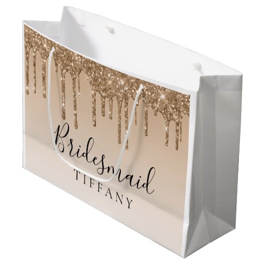 Gift Bag - Tan Gold Glitter Drip Bridesmaid Groot Cadeauzakje (Voorkant Gekanteld)