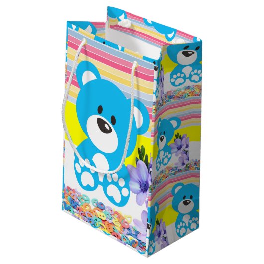 Gift Bag Yellow en Blue Teddy Bear Stripe Klein Cadeauzakje (Achterkant Gekanteld)
