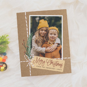 Gift & Bow Rustic Merry Kerstfeestdag Foto Briefkaart