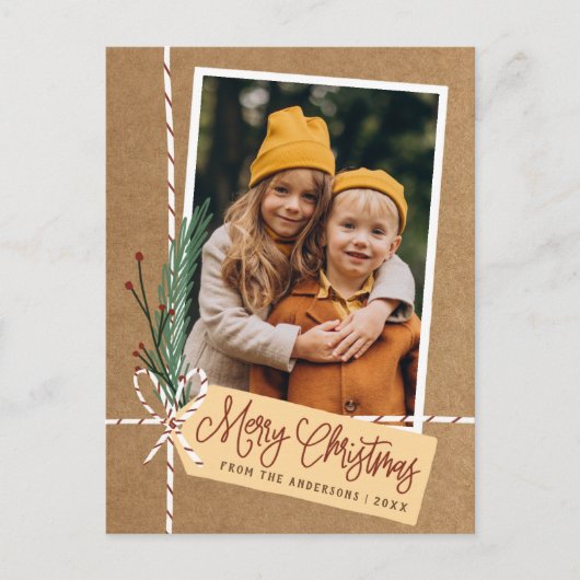 Gift & Bow Rustic Merry Kerstfeestdag Foto Briefkaart (Voorkant)