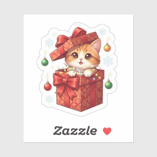 Gift Box Surprise Cute Cat Popping Out Christmas  Sticker (Vel)