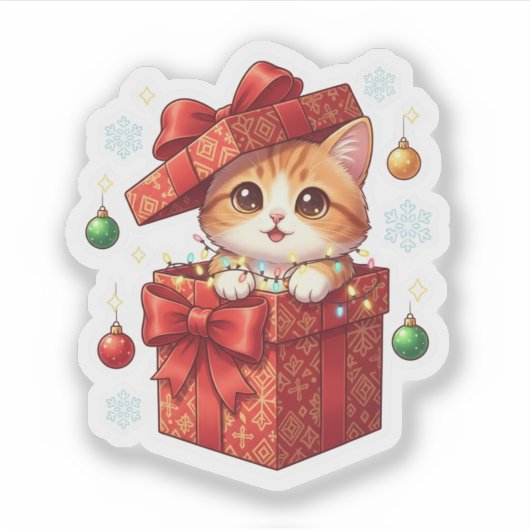 Gift Box Surprise Cute Cat Popping Out Christmas  Sticker (Voorkant)