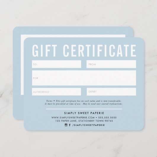 GIFT-CERTIFICAAT modern zakelijk bleek blauw (Voorkant / Achterkant)