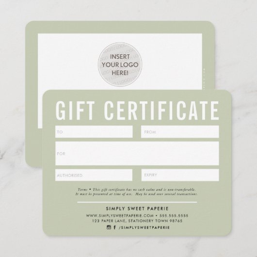 GIFT-CERTIFICAAT modern zakelijk bleek sage green (Voorkant / Achterkant)