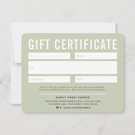 GIFT-CERTIFICAAT modern zakelijk bleek sage green (Voorkant)