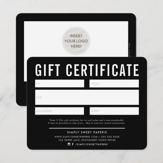 GIFT-CERTIFICAAT modern zwart wit (Voorkant / Achterkant)