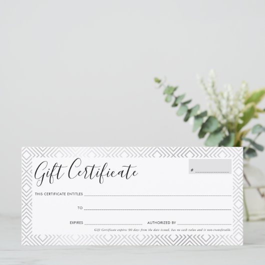 GIFT-CERTIFICAAT stijlvol, zilver geometrisch patr (Staand voorkant)