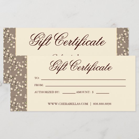 Gift Certificate Cherry Blossom Floral Cream Beige (Voorkant / Achterkant)