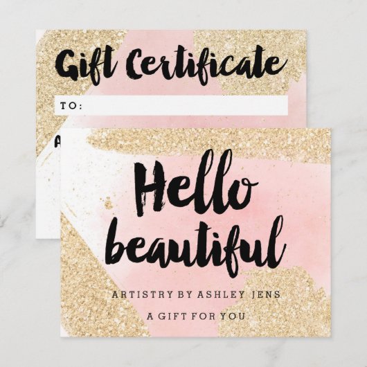 Gift certificate Gold glitter roze hallo script (Voorkant / Achterkant)