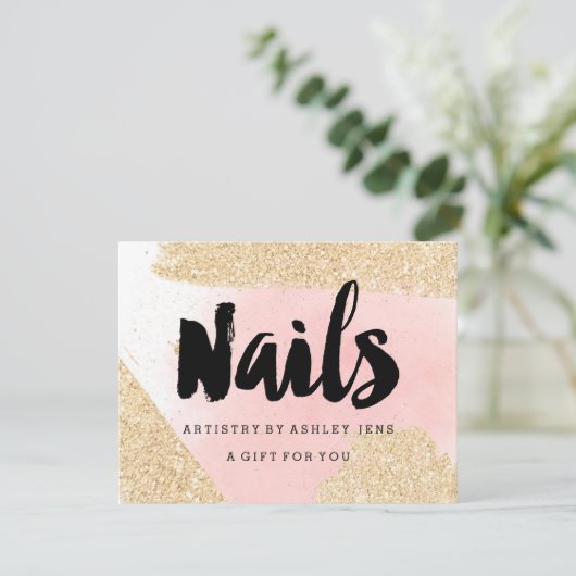 Gift certificate gold glitter roze nagelspijkersch (Staand voorkant)