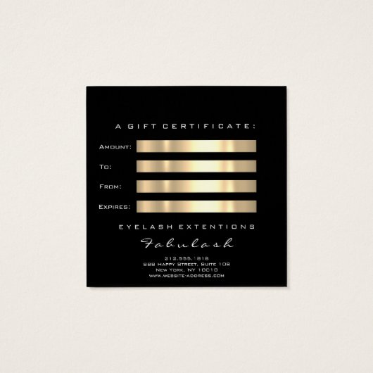 Gift Certificate Gold Metallic Lashes Makeup Black Vierkante Visitekaartjes (Achterkant)