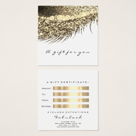 Gift Certificate Gold Metallic Lashes Makeup White Vierkante Visitekaartjes (Voorkant /achterkant)