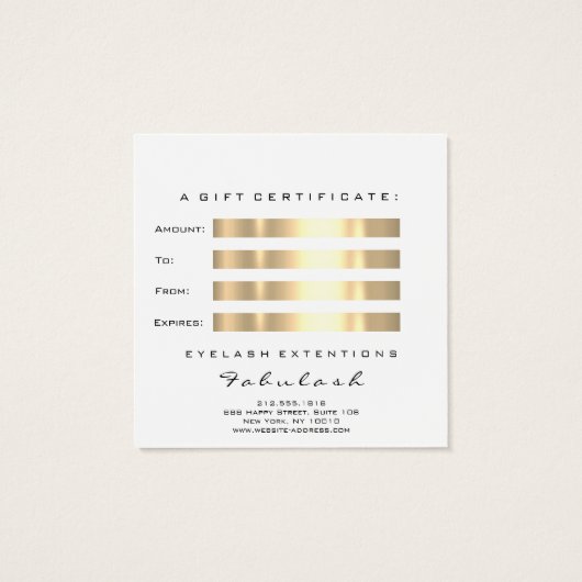 Gift Certificate Gold Metallic Lashes Makeup White Vierkante Visitekaartjes (Achterkant)