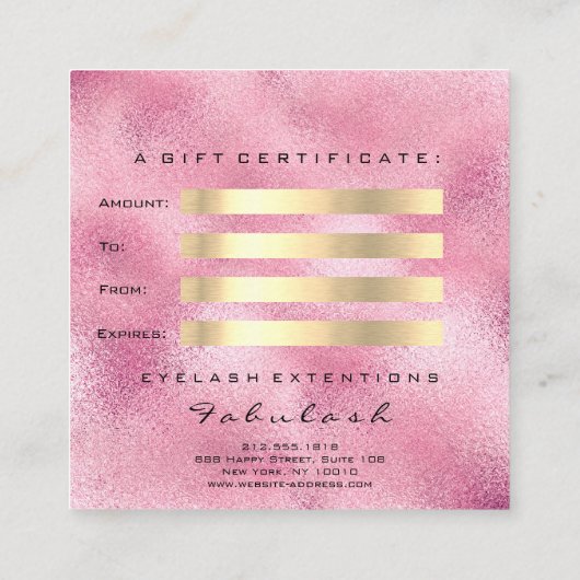 Gift Certificate Roze Glitter Gold Lashes Makeup Kortingskaartje (Achterkant)