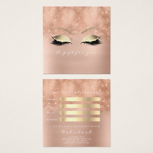 Gift Certificate Roze Glitter Gold Lashes Makeup Vierkante Visitekaartjes (Voorkant /achterkant)
