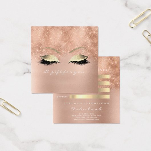 Gift Certificate Roze Glitter Gold Lashes Makeup Vierkante Visitekaartjes (Kantoor)