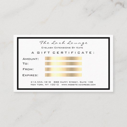 Gift Certificate White Glitter Gold Lashes Makeup Kortingskaartje (Achterkant)