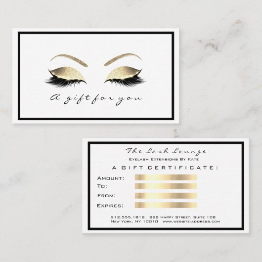 Gift Certificate White Glitter Gold Lashes Makeup Kortingskaartje (Voorkant / Achterkant)