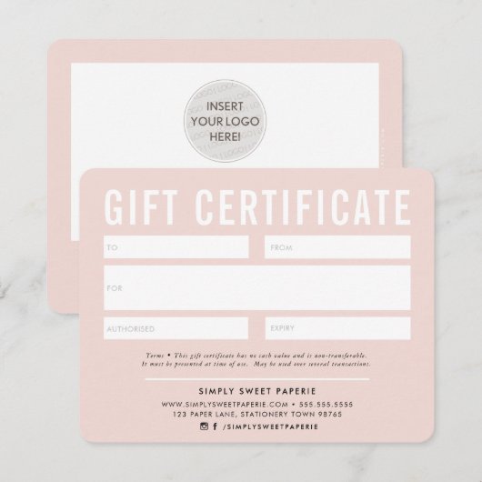 GIFT CERTIFICERING modern business blush roze zwar (Voorkant / Achterkant)