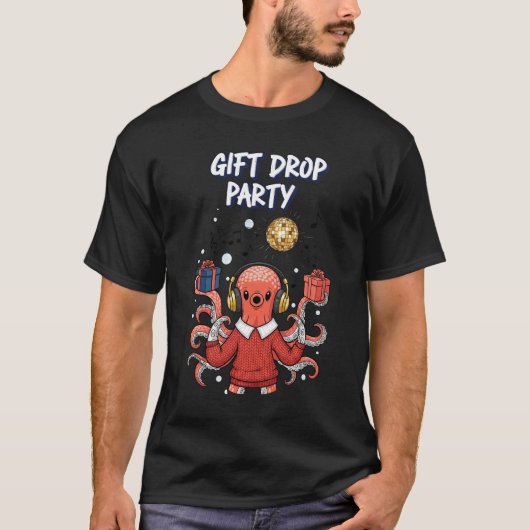 Gift Drop Party DJ Octopus Christmas Dance T-Shirt (Voorkant)