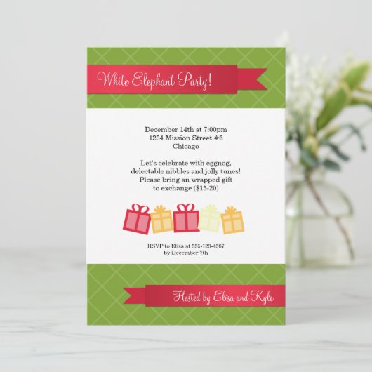 Gift exchange red ribbon green met kerstfeest kaart (Staand voorkant)