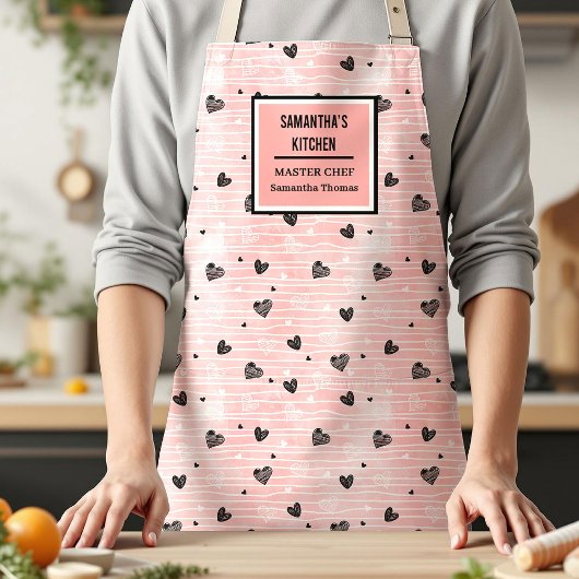 Gift for Her Pink Black Heart Love Valentine Apron Schort
