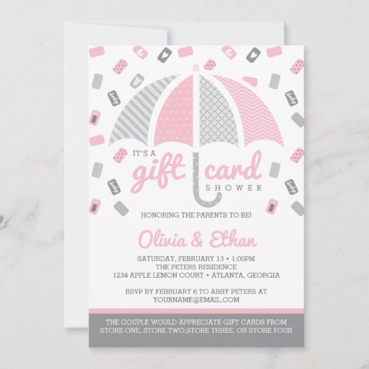 Gift Kaart Baby shower Uitnodiging, Roze, Grijs (Voorkant)