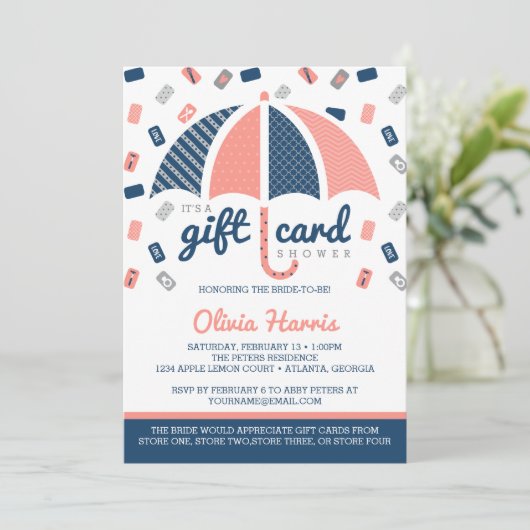 Gift Kaart Bridal Shower Invitation, Navy, Coral (Staand voorkant)