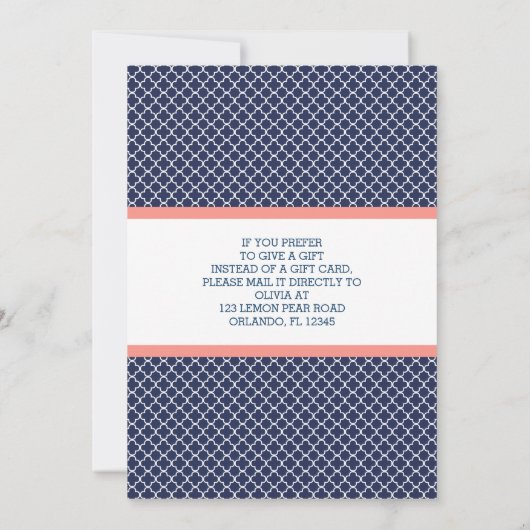 Gift Kaart Bridal Shower Invitation, Navy, Coral (Achterkant)
